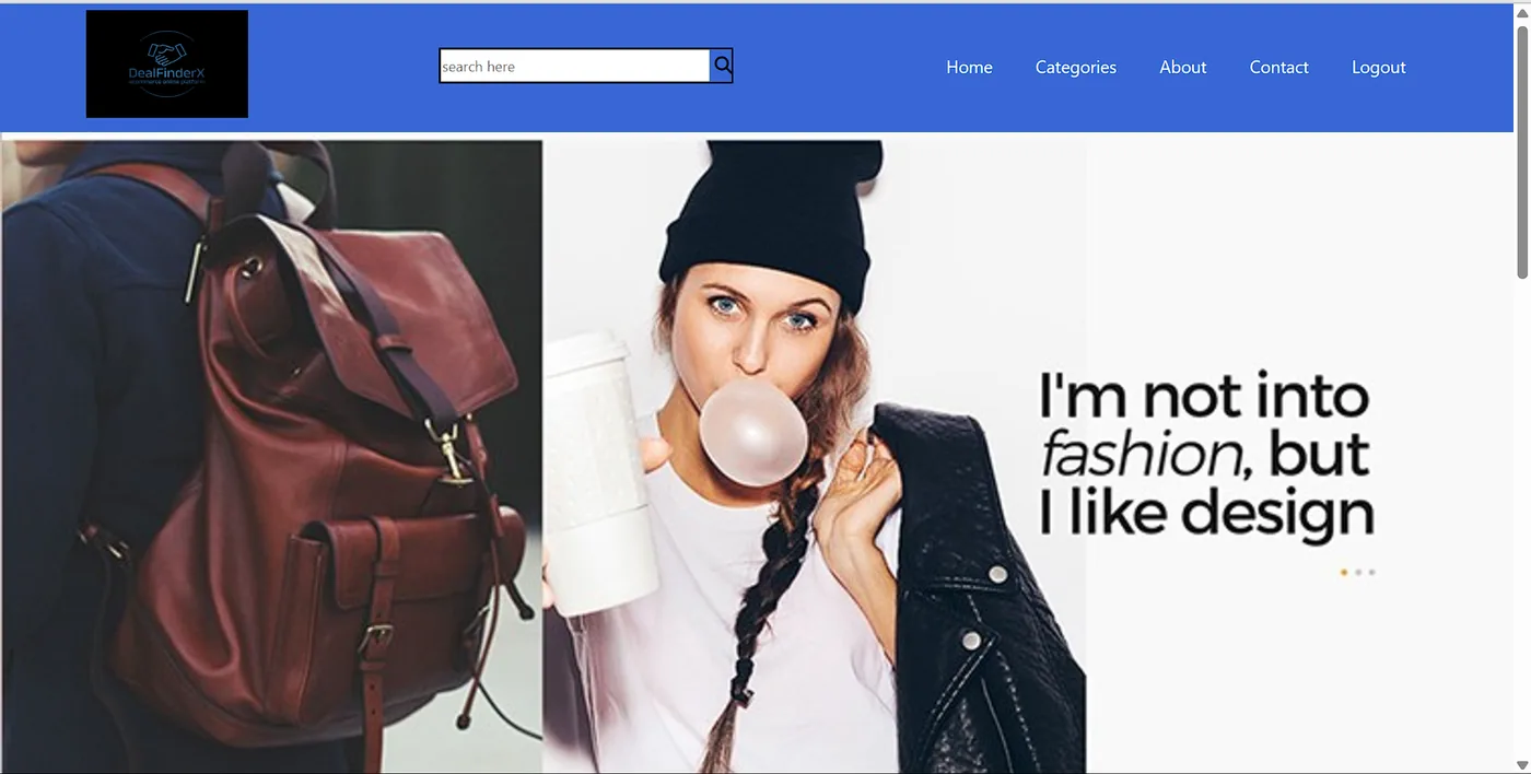 DealFinderX landing page: a blue header with a search field and navigation, above a fashion hero carousel.