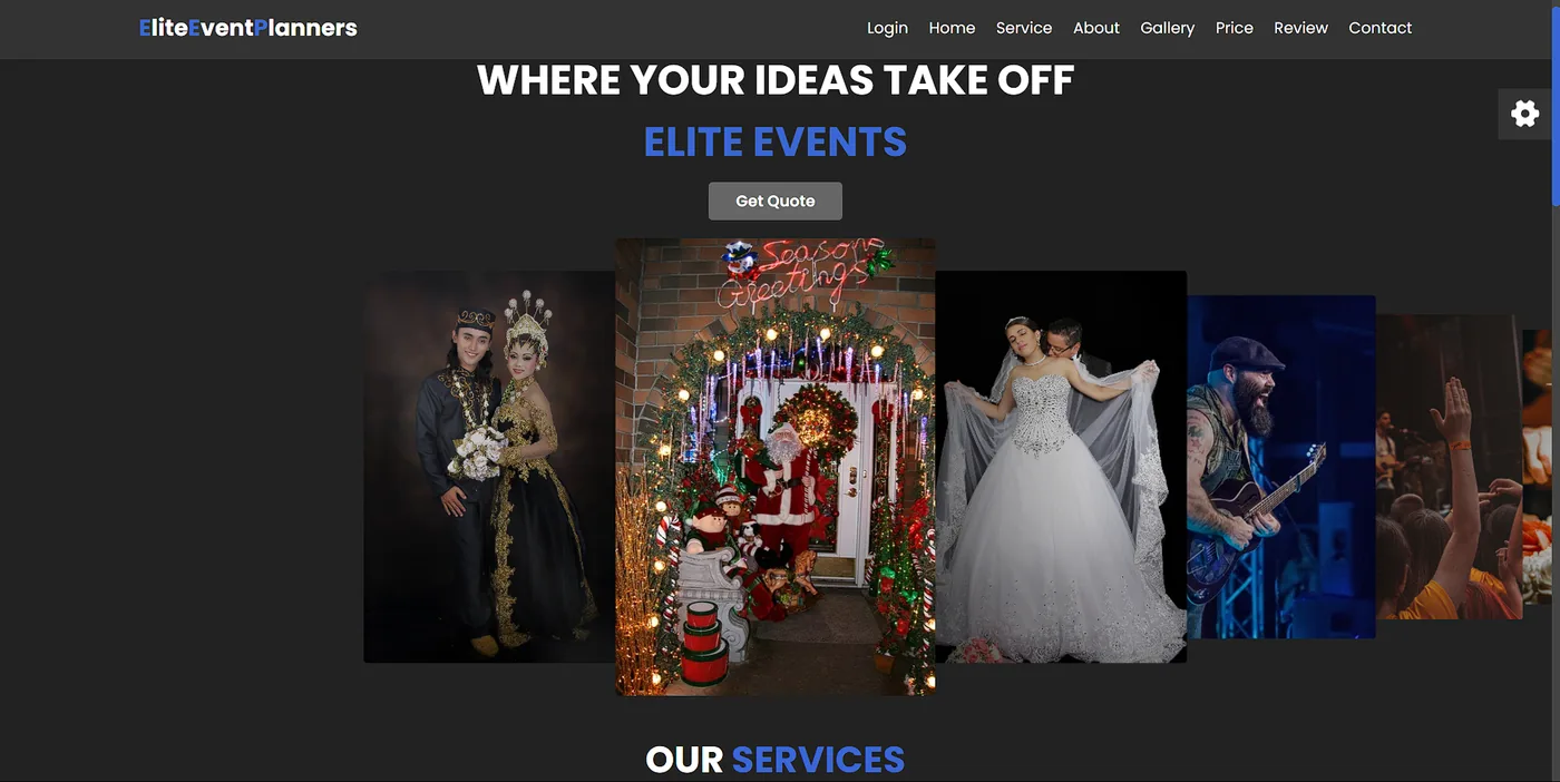 Elite Event Planners home page: “Where your ideas take off” over a fanned row of event photographs on a dark background.