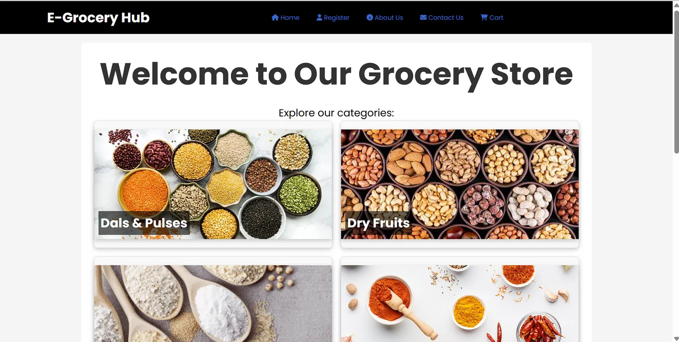 E-Grocery Hub home page: a dark navigation bar over a “Welcome to Our Grocery Store” heading and a grid of category tiles.