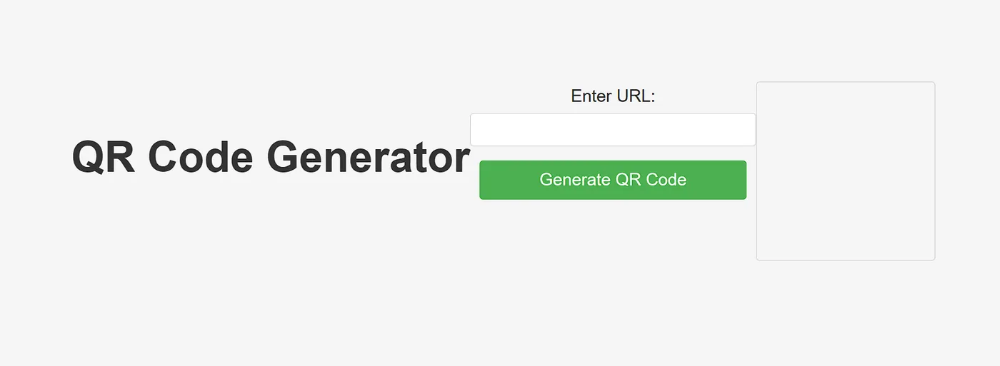 QR Code Generator page: a URL field, a green “Generate QR Code” button, and an empty preview panel.