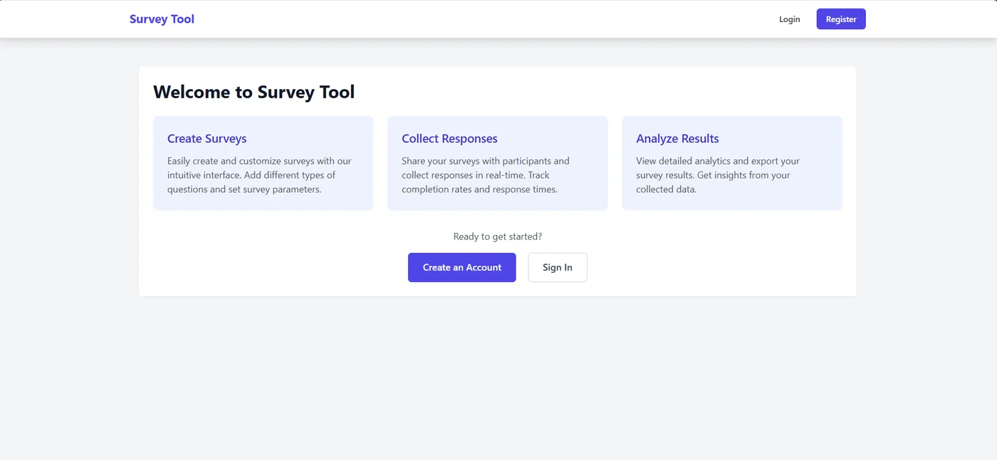 Survey Tool welcome screen: three cards explaining create, collect and analyze, above sign-in and register buttons.