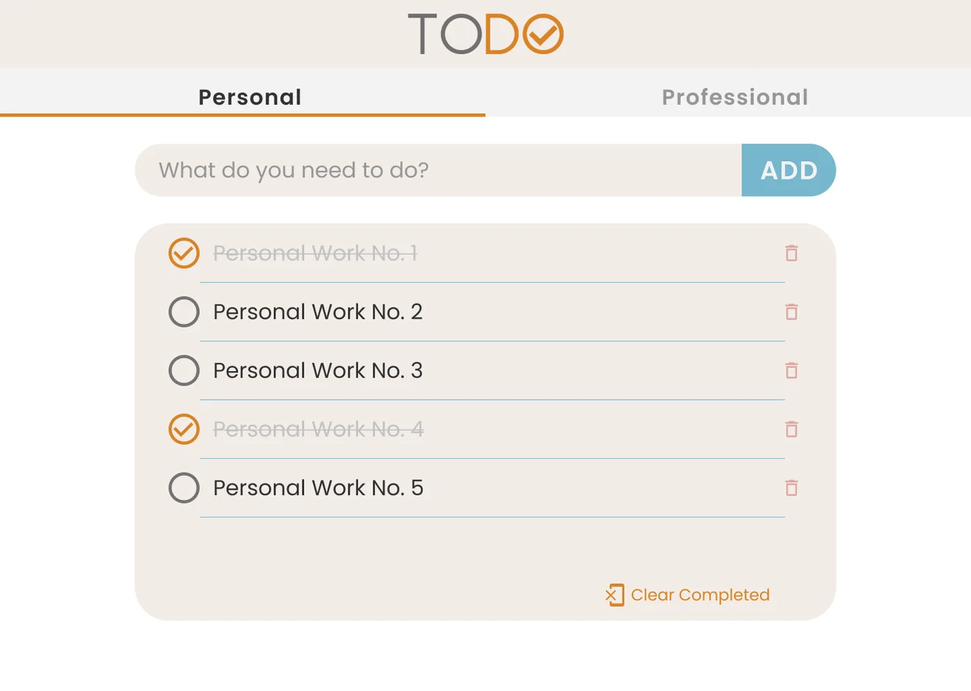 Todo app: Personal and Professional tabs above an input and a list of tasks, two of them ticked off.